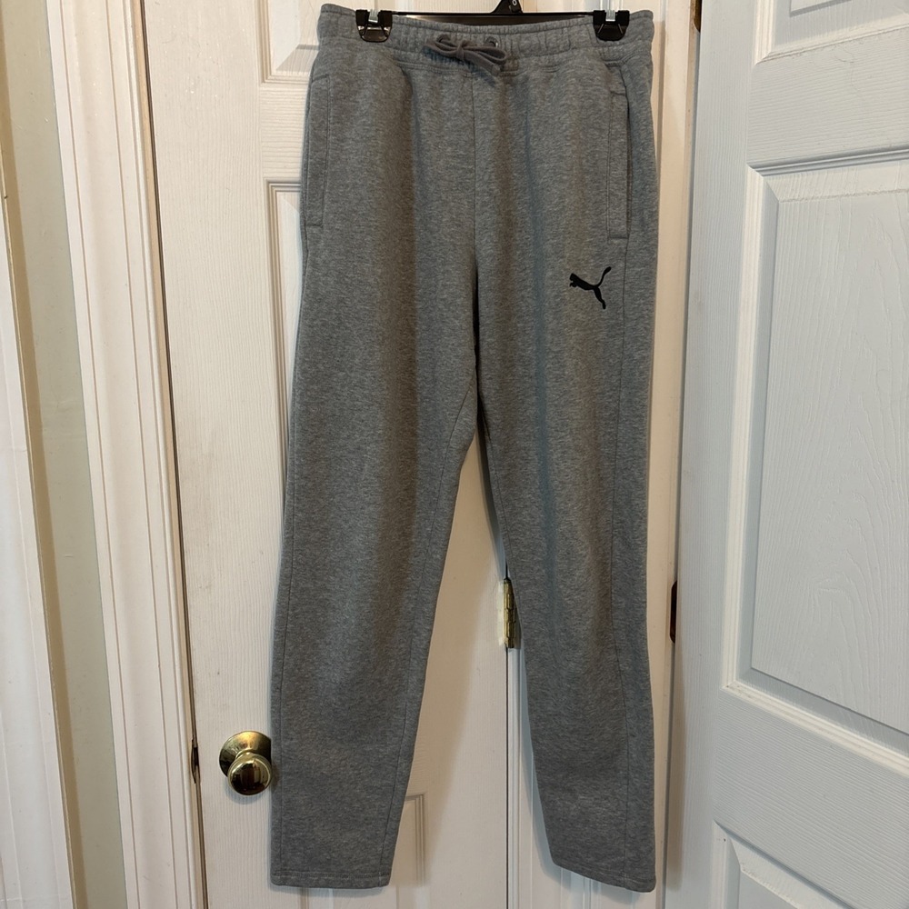 Puma Mens Gray Fleece Sweatpants Tapered Leg Side Pockets Logo S Heavyweight